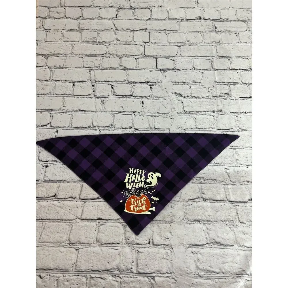 Trick Or Treat Ghost Flannel Purple And Black‎ Buffalo Plaid Dog Bandana 26”x17”